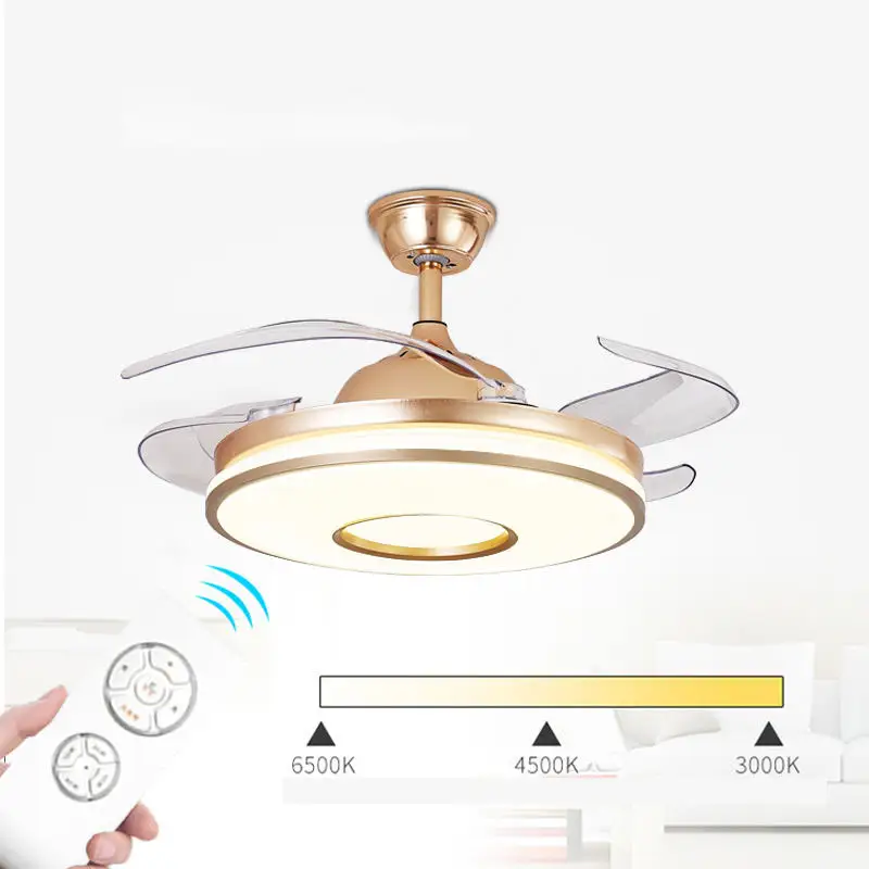 Zeitgenössische Unsichtbare Gold Decke Fan Lampen LED mit 4 Versenkbare Acryl Klingen Beleuchtung Gruppen Decke Licht Fan