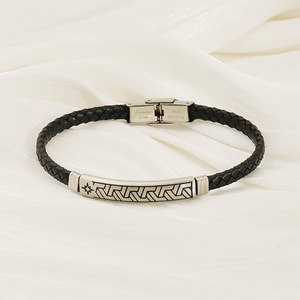 Zogxin <b>Leather</b> <b>Bracelet</b> Stainless Steel Geometric Pattern Unisex Gift Jewelry - Product Image 2