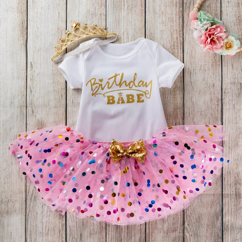 女の赤ちゃんチュチュスカートセット新生児幼児の誕生日の衣装ヘッドバンドTシャツセットベビーチュールレースメッシュドレス