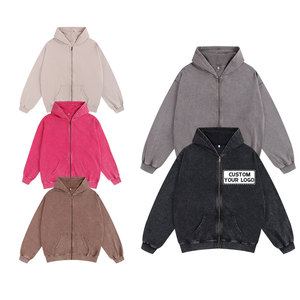 Custom 100% Cotton Acid <b>Washed</b> Zip Men Hoodie French Terry Embroidered Hoodie with Print Pattern Drop Shoulder - Product Image 3