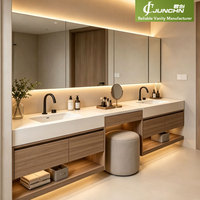 Ensemble de meuble-lavabo mural moderne en bois grainé avec double vasque, avec coiffeuse intégrée, taille personnalisée pour hôtel et villa
