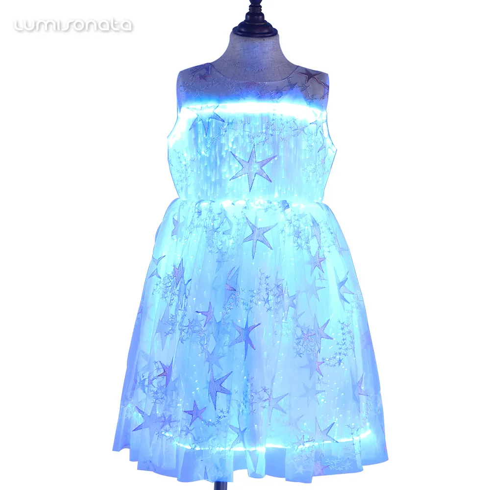 New Model Elegant Kids Summer Clothes Blue Dress Fashion Design Christmas Lights Led Light Up Luminous Baby Kids Dresses