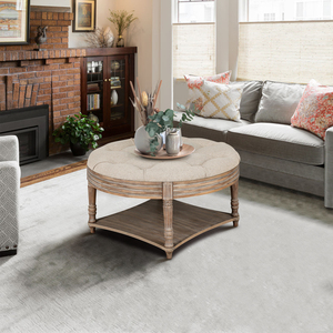 Round Waterproof Ottoman Coffee <b>Table</b> 2 Tier Button Tufted Wooden Shelf Storage Farmhouse Style - Product Image 2