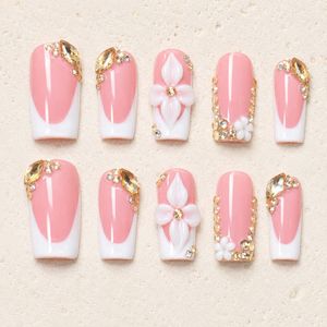 Faux ongles carrés moyens faits à la main, très tendance, de luxe, rouges, avec strass français, réutilisables, couvrance totale, pour l'été - Product Image 2