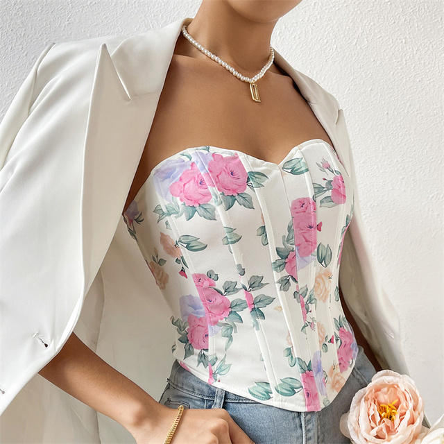 Short Tube Top Corset Monet Floral Print Corset Sexy Fishbone Abdominal Push up Breast Shaper Top Gothic Corset Woman