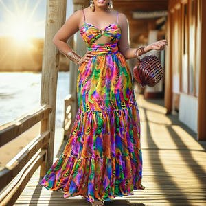Vestido maxi casual de verano para mujer con cuello halter, cintura imperio, diseño hueco, tejido transpirable y estampado. - Product Image 2