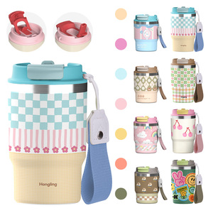 Vaso Térmico de Acero Inoxidable de 12oz con Diseño de Dibujos Animados, Doble Boca con Pajita, Taza de Café Portátil Antiderrames <span class=keywords><strong>para</strong></span> Exteriores - Product Image 1
