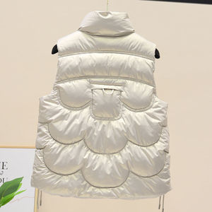 Women's Short Cotton Vest Off White Stand Collar Pocket Solid Color Winter Warm Waistcoat - Product Image 4