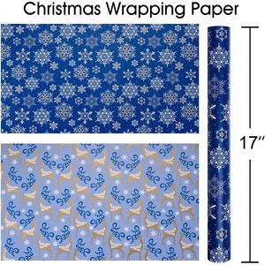 MAYPLUSS Christmas <b>Wrapping</b> <b>Paper</b> 17in X 33ft Navy Blue Snowflake Reversible Gold Reindeer Gift Wrap - Product Image 2