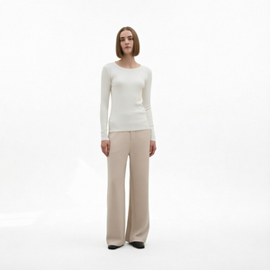 T-shirt côtelé à manches longues pour femme, coupe ajustée, col rond, en coton et élasthanne, longueur standard, respirant, écologique - Product Image 1
