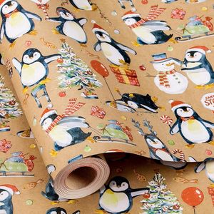 Merture Christmas Kraft Wrapping Paper 17 In X 33 Ft Watercolor Penguin Pattern Gift <b>Wrap</b> For Holiday Season - Product Image 1