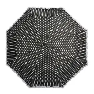 LOTUS 3 Folding Sun And Rain Umbrella Custom Logo Tag Black Polka Dot Umbrella