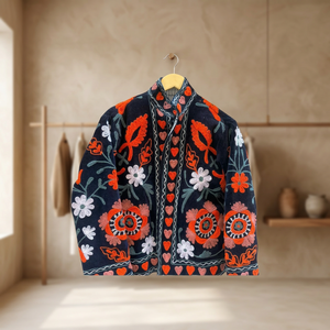 Hand Embroidered Floral Mandarin Collar <b>Jacket</b> <b>Women</b> Autumn Full Sleeve Regular <b>Velvet</b> Suzani Coat Prairie Chic Style - Product Image 1