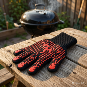 Extreme Heat Resistant <b>BBQ</b> Grilling Gloves Canvas Flame Pattern Non-Slip Fireproof Kitchen Oven Mitts Dishwasher Safe Easily - Product Image 2