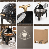 Chauffe-plat rond LQ à motif marbre noir, couvercle en acier inoxydable avec fenêtre en verre, chauffage au combustible et électrique, pour buffet et hôtel