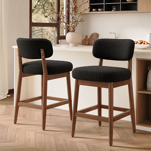 Tabourets de bar de luxe de style mid-century modern en bouclette avec structure en bois massif et repose-pieds pour bar à domicile et comptoirs de cuisine - Product Image 1