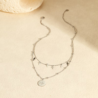 Collier pendentif tendance rétro double couche en acier inoxydable plaqué or avec chaîne en bambou, croix, étoile et rond