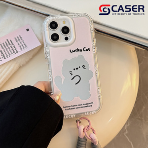 Cartone animato carino crema specchio portafortuna gatto custodia per <span class=keywords><strong>iPhone</strong></span> 16 15 <span class=keywords><strong>Pro</strong></span> <span class=keywords><strong>Max</strong></span> 14 <span class=keywords><strong>13</strong></span> fatto a mano <span class=keywords><strong>rosa</strong></span> grigio paraurti Cover per telefono cellulare PC - Product Image 3