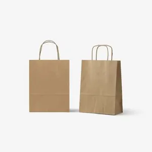 White And Brown Kraft Paper Twisted Handle Shopping Carrier Bag With Logo Printed