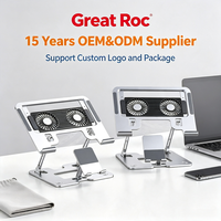 Support pour ordinateur portable Great Roc 2 en 1 avec support pour téléphone, ventilateurs de refroidissement, réglable, pliable, en acier carbone, pour ordinateur portable et tablette
