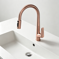 Robinet d'évier extractible haut de gamme Weihao en or rose, monocommande, à arc élevé, rotatif à 360°, double jet, pour cuisine