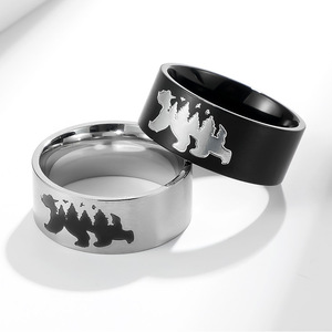 <b>Titanium</b> Steel <b>Ring</b> Animal Pattern Bear Bird Forest Design Unisex Casual Jewelry Black Steel Color - Product Image 1