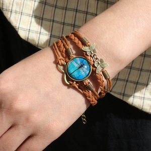 Retro <b>Leather</b> Braided Multi-layer <b>Bracelet</b> With Dragonfly Inlay Adjustable Wrist Accessory For Women Jewelry - Product Image 1