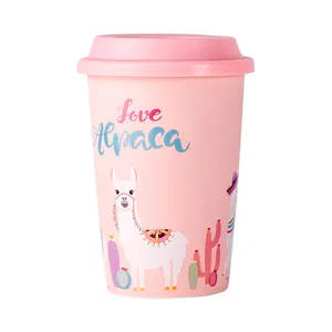 Taza de cerámica de doble pared con tapa, taza de café con flor de unicornio sin rosa