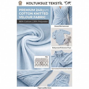 Tissu Velours Tricoté en Coton Bleu Clair Premium 240 g/m² 80/20 Coton Polyester en Rouleau pour Vêtements en Gros - Product Image 2
