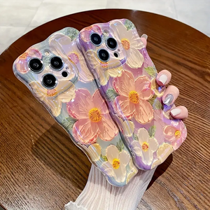 Nuova Custodia di Lusso Blu con Pittura a Olio 3D Fiori Viola per <span class=keywords><strong>iPhone</strong></span> 15 14 13 11 Pro Max, Stile Coreano con Bordo Ondulato Antiurto - Product Image 2
