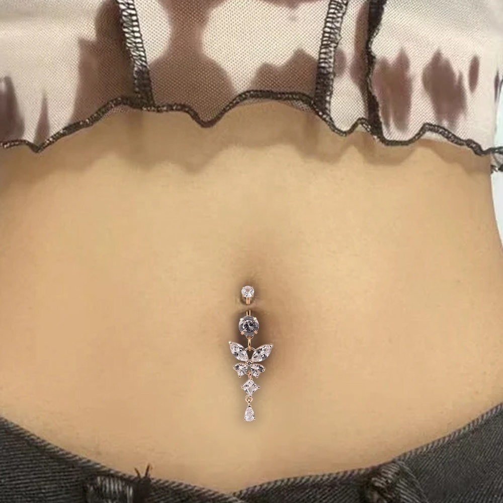 Piercing Nombril Acier Chirurgical 316L - Boucle Fleur/papillon Avec Zirconium - Taille 14G (1.6mm) - Cadeau Boîte Incluse