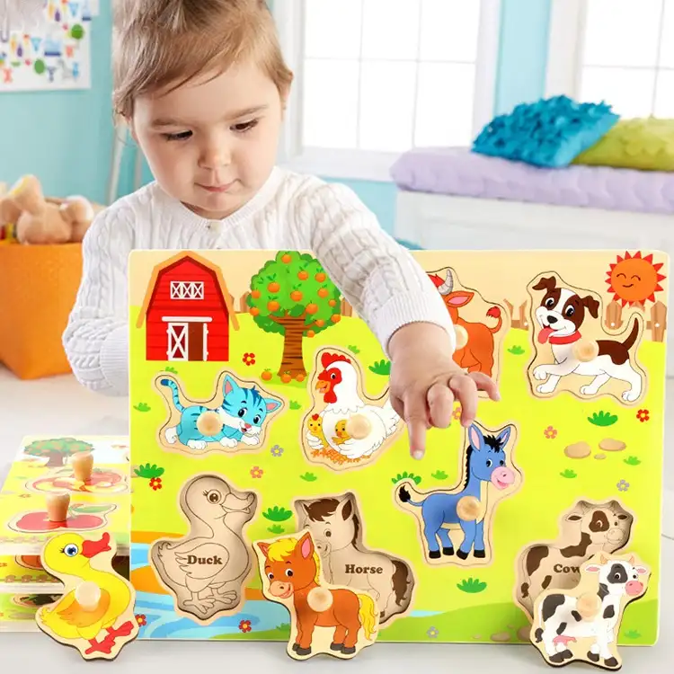 2019 नई डिजाइन Whosale बच्चे पूर्वस्कूली मोंटेसरी लकड़ी खूंटी पहेली खिलौने
