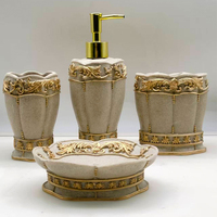 Juego de Baño de Resina de Imitación Piedra Beige Personalizado, Fabricante OEM de Poliresina, Kit Dispensador de Jabón Redondo de 4 Piezas para Compradores de Hoteles