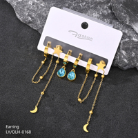 Proveedor de Joyería, Nuevo Juego de Aretes con Colgante de Estrella, Forma de Pera, Gema Azul, Acero Inoxidable, Gancho Dorado, para Mujer