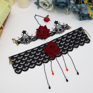 DAMAI Dark Gothic Punk Halloween Ring <b>Bracelet</b> Lace <b>Bracelet</b> for Women Vintage <b>Red</b> Rose Exquisite Accessory Set - Product Image 2