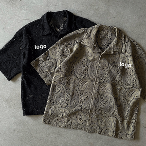 Qianjiayi Camicie in Rete da <span class=keywords><strong>Uomo</strong></span> Oversize con Logo Ricamato Personalizzato, Stile Streetwear Vintage in Cotone Pesante Nero e Bianco - Product Image 2