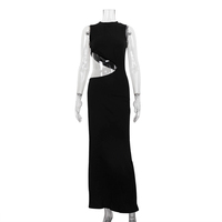 2025 été mode taille haute longues robes de soirée femmes moulante sans manches noir Sexy découpé robe pour les filles maigres