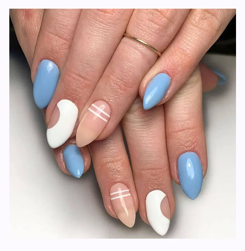 New Arrival Sky Blue Short Almond Press On Nails Tips Daily Wear Impress Faux Ongles Capsule Full Cover Artificial Fingernails