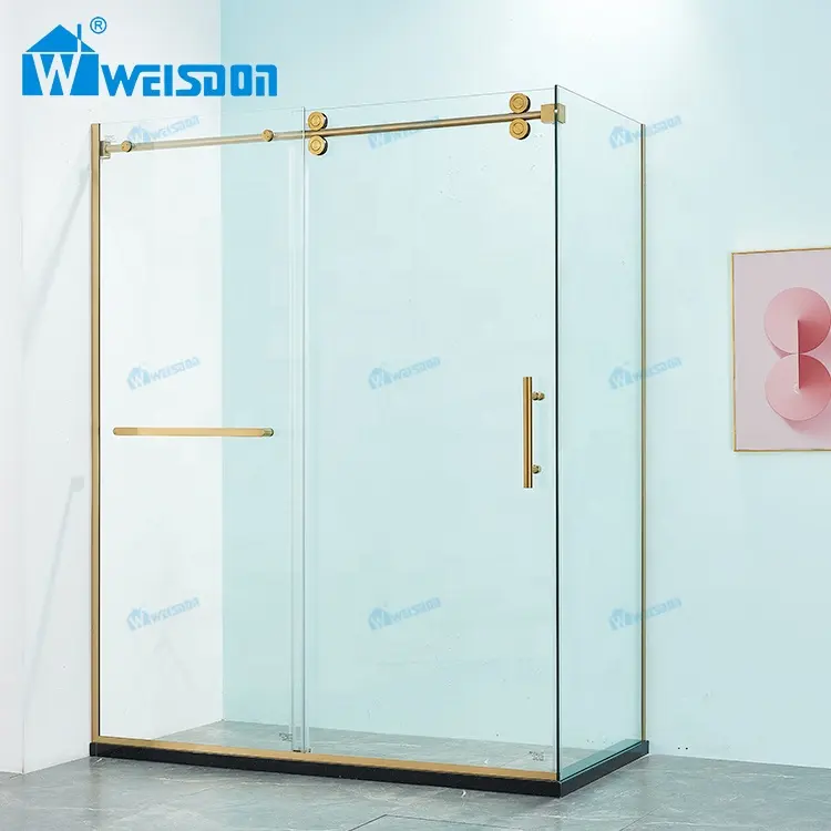 Weisdonステンレス鋼フレームレスシャワードア長方形ゴールド強化ガラスシャワーエンクロージャー