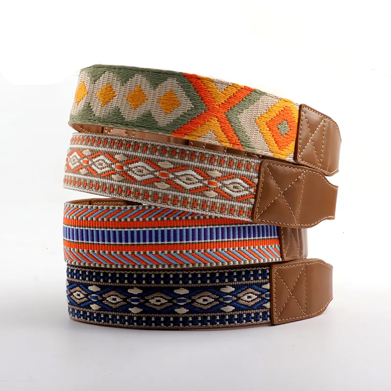 Webbing Kleurrijke Etnische Stijl Jacquard Designer Lederen Halsband En Riem Set Luxe Dubbele Nylon Lederen Hondenriem