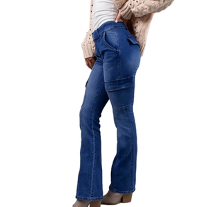 Pantalones de trabajo de mezclilla elásticos para mujer con doble botón en la cintura, múltiples bolsillos y bolsillos laterales con parche, a la moda - Product Image 2