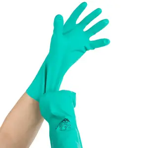 ZMSAFETY 15mil Flock Cotton Lined Waterproof and Chemical Resistant Industrial Embossed Green Nitrile Gloves