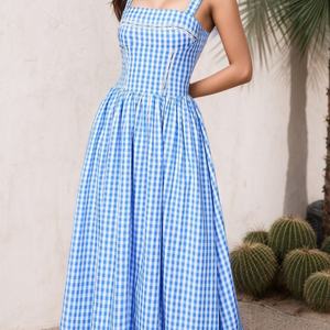 Vestido Casual de Verano para Mujer, Diseño a Cuadros, Bordado, 100% Algodón, Estilo Bohemio, Largo Midi, Venta al Por Mayor OEM - Product Image 3