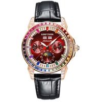 Montre automatique multifonction pour homme REEF TIGER RGA1988 en or rose avec lunette sertie de diamants arc-en-ciel, bracelet en cuir, style classique et tendance, phase de lune