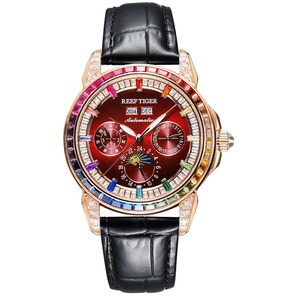 REEF TIGER RGA1988 <span class=keywords><strong>Orologio</strong></span> <span class=keywords><strong>Automatico</strong></span> da Uomo Multifunzione con Fasi Lunari, Cassa <span class=keywords><strong>in</strong></span> <span class=keywords><strong>Oro</strong></span> Rosa, Lunetta con Diamanti Arcobaleno e Cinturino <span class=keywords><strong>in</strong></span> Pelle, Stile Classico e Alla Moda - Product Image 1