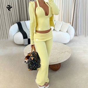 Ensemble de survêtement zippé personnalisé, ensemble de vêtements de détente côtelé en coton, trois pièces, hauts, pantalon de survêtement évasé et ensemble de sweat-shirt à capuche zippé, vêtements pour femmes - Product Image 3