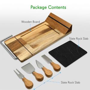 Juego de tabla de quesos de madera moderna con 4 cuchillos de acero inoxidable Bandeja rebanadora de bambú y piedra para servir aperitivos - Product Image 3