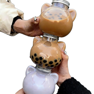Bouteille d'eau personnalisée 500 ml 16 oz en forme de chat Kawaii, contenant d'emballage pour boissons à emporter, tasses à thé au lait, thé aux bulles Boba avec couvercle - Product Image 1