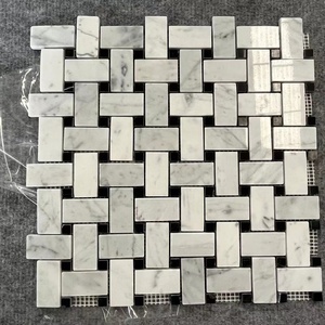Mosaico de Mármol Blanco Carrara Natural con Puntos Negros <span class=keywords><strong>Nero</strong></span> Marquina, Montado en Malla, Estilo Moderno para Hoteles, Tipo Cesta, para Baños - Product Image 1