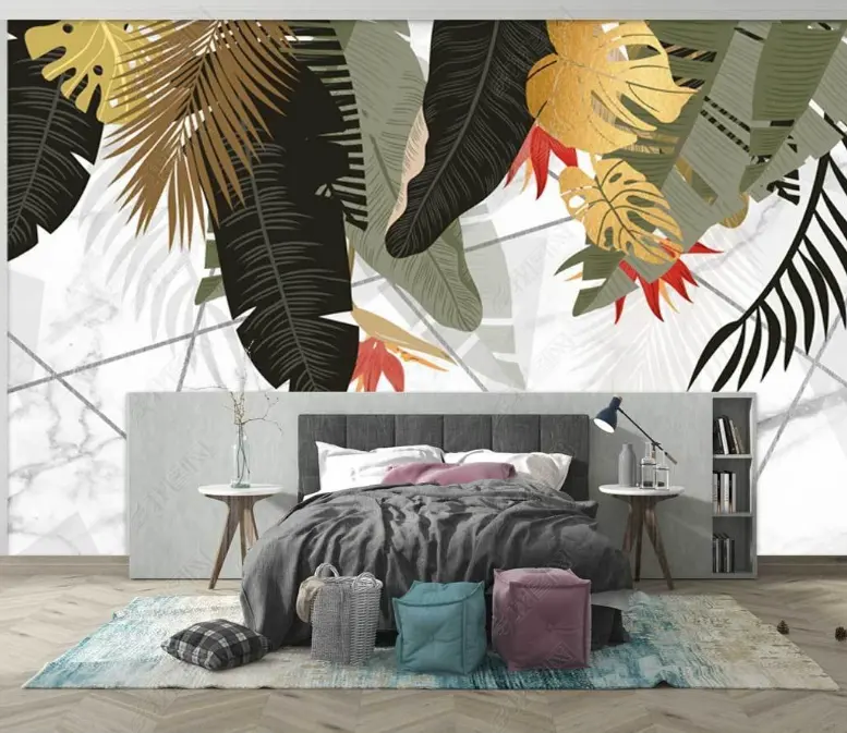 Papel tapiz 3d de plantas tropicales pintadas a mano, mural de pared de fondo nórdico, pequeño sofá de TV fresco
